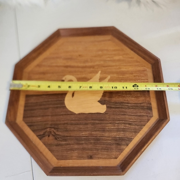 Vintage 70s Wood Inlay Swan Octagonal Tray Rustic Folk Art Eclectic Boho Kitchen - Picture 5 of 5